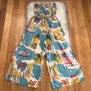 Anthropologie True Destinations Landscape Vacation Tropical Wide Leg Jumpsuit XL